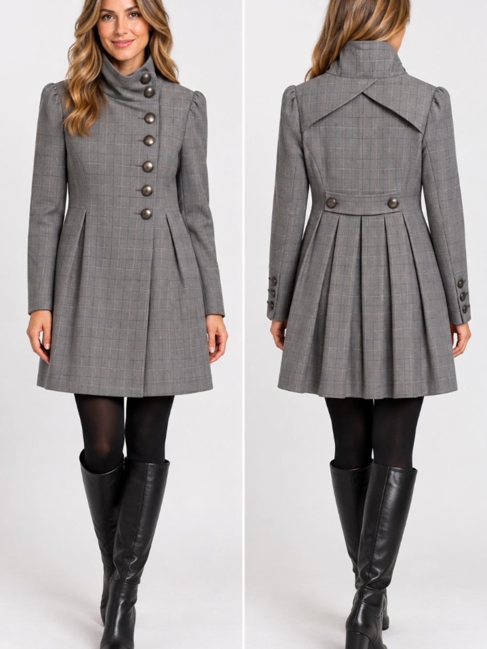 RW&Co plaid trench coat M military pleats funnel neck office preppy old money